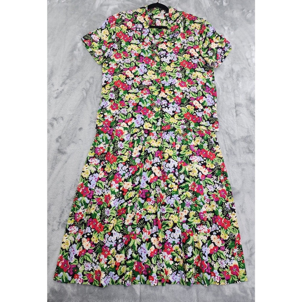 Vintage Liz Claiborne Skirt Set Women M Multicolor Floral Top Pleated Midi Skirt